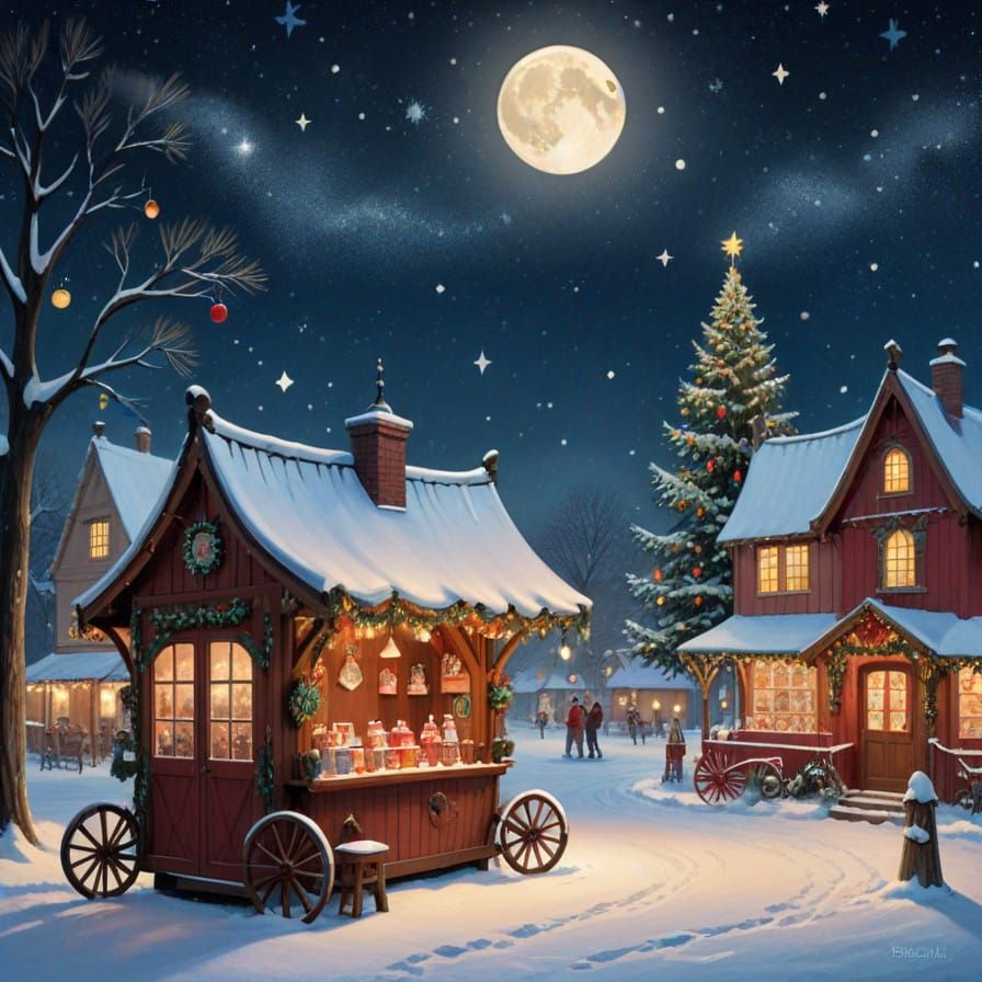 Warmly Lit Winter Wonderland Scene in Nostalgic Americana St...