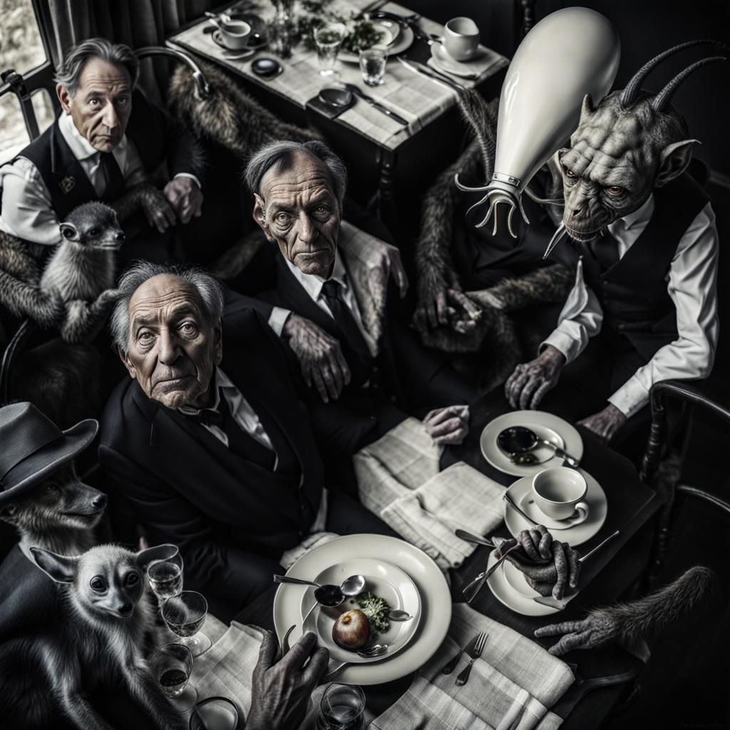 Surreal Alien Restaurant Celebration in Gritty Realism