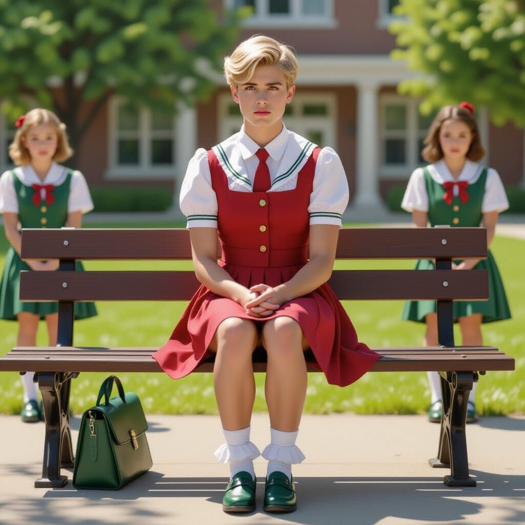Sad Young Man in Schoolgirl Uniform on Bench