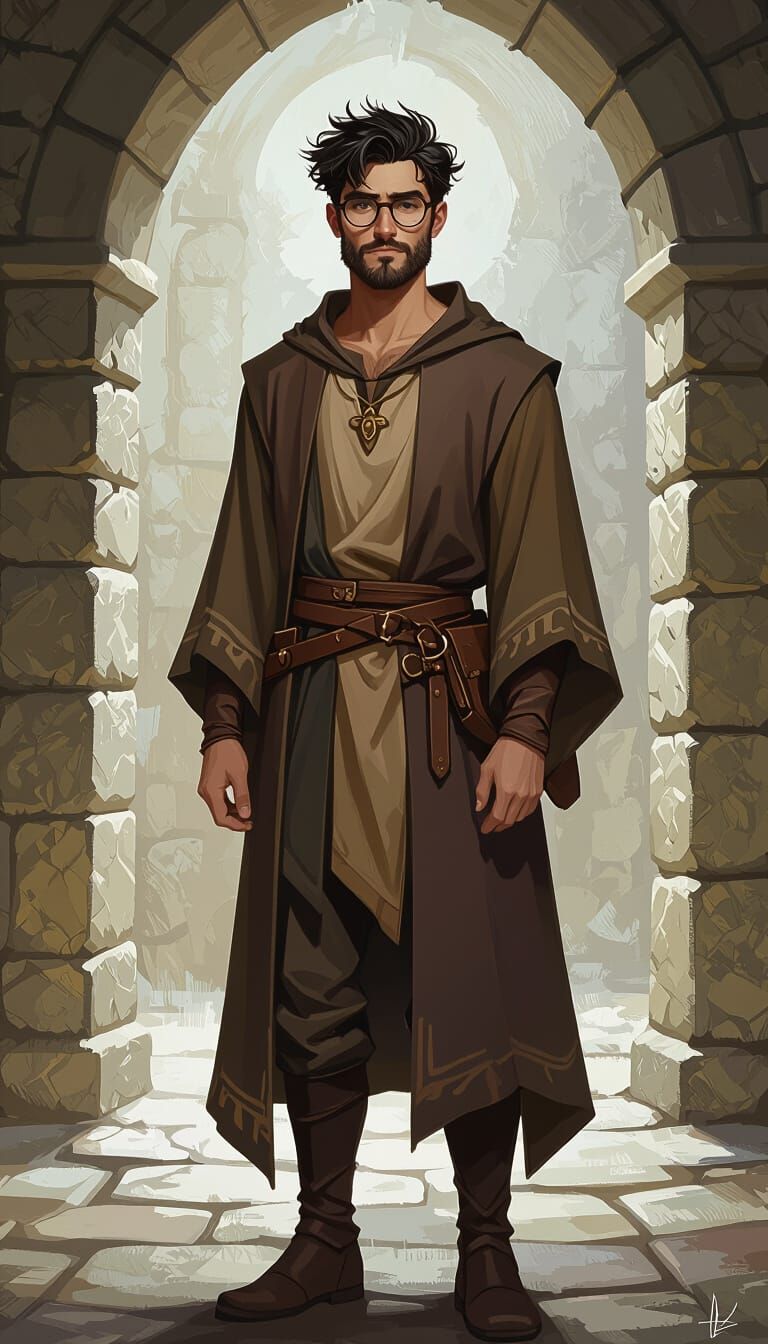 Nerdy Gay Wizard in Dimly Lit Stone Chamber