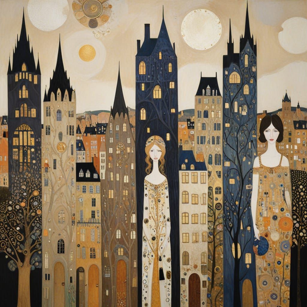 Ornate Cityscape in Art Nouveau Style