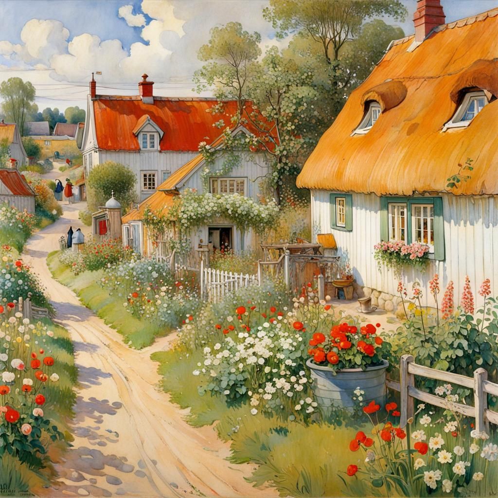 Rustic Idyllic Village Scene in Morning Light