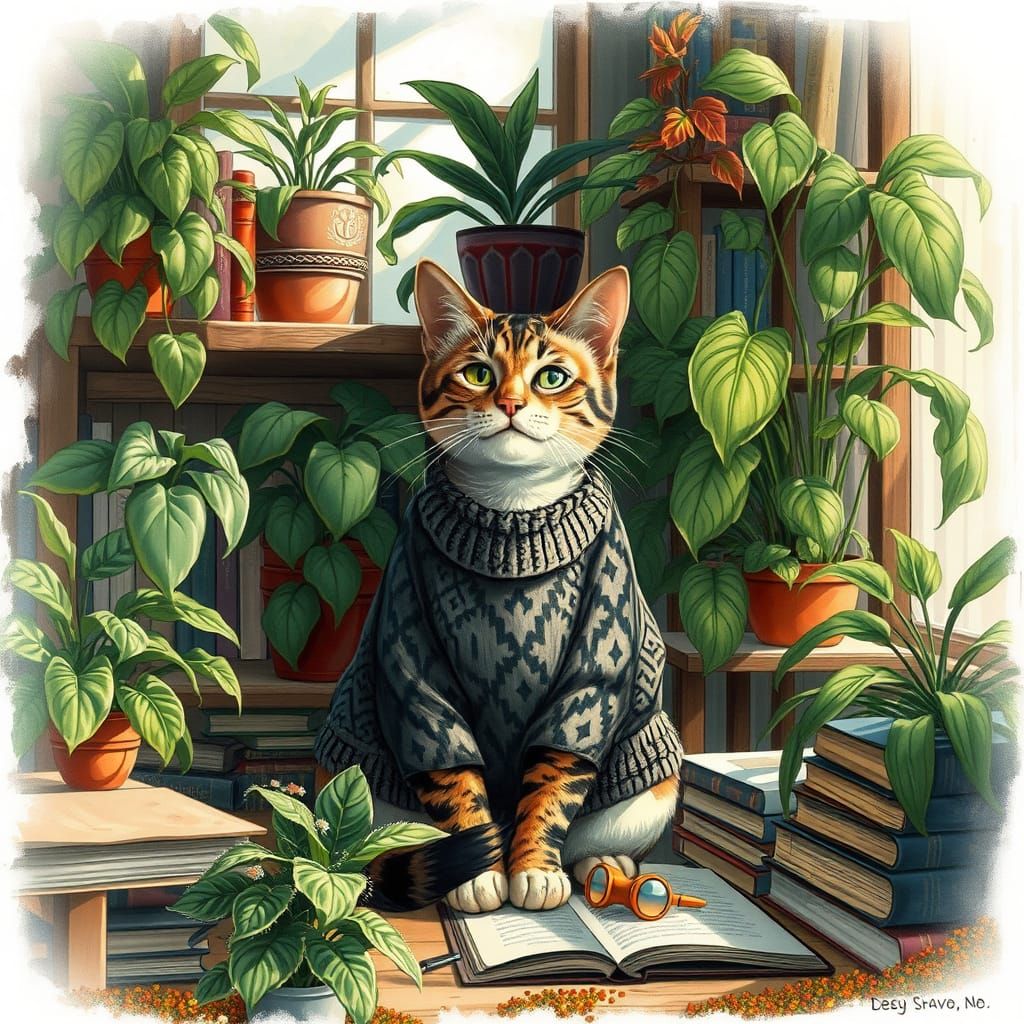 Cat in Cozy Workspace with Plants, in Mixed-Media Style