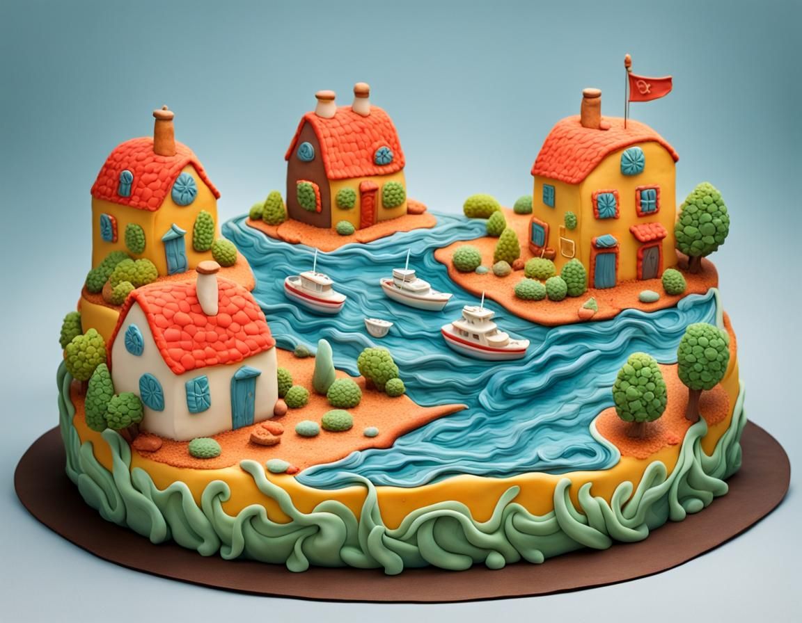 Sculpted Seascape Cake with Harbor Scene