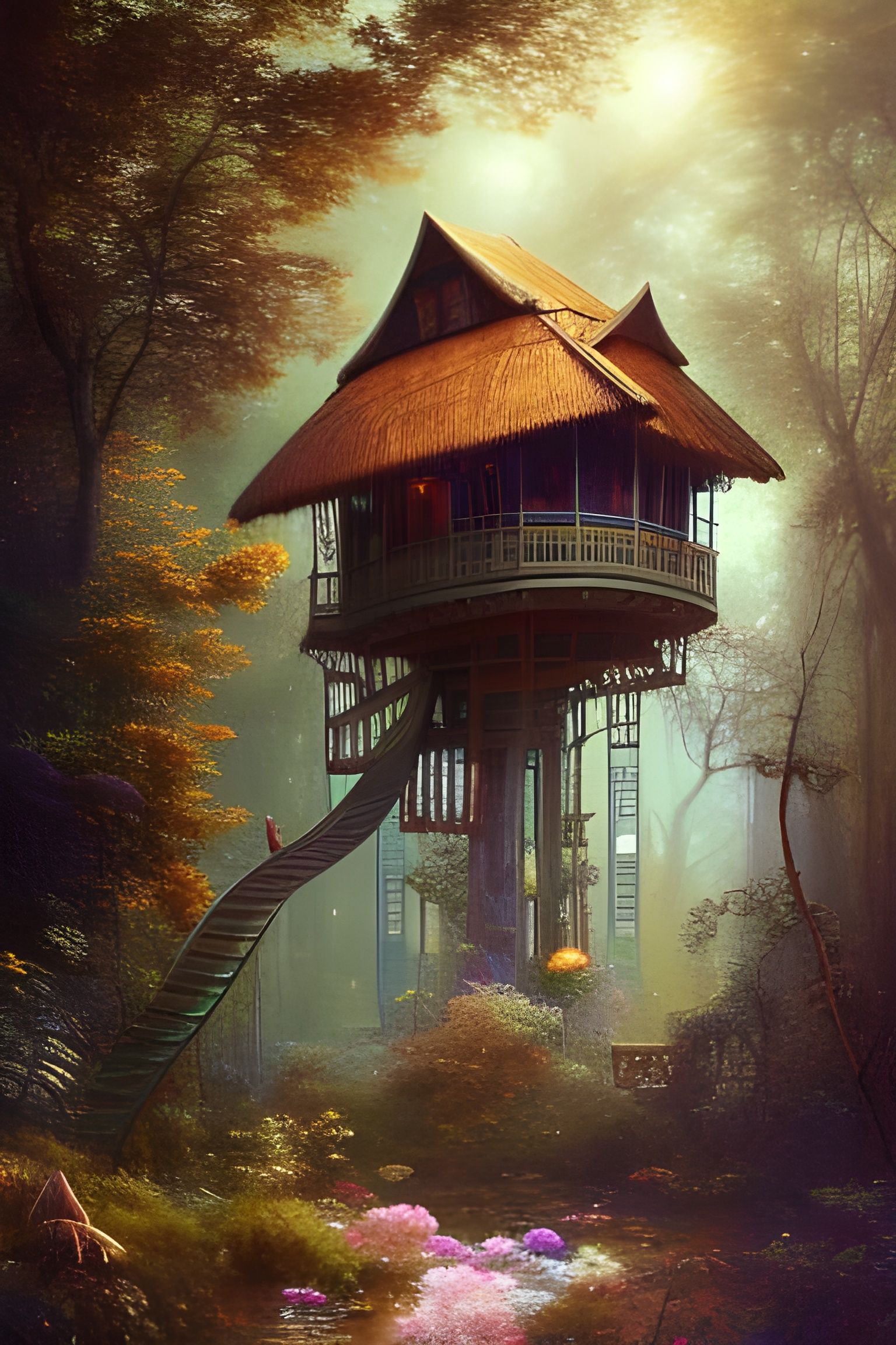 Ukrainian Treehouse with Prism Background in Hyperrealism
