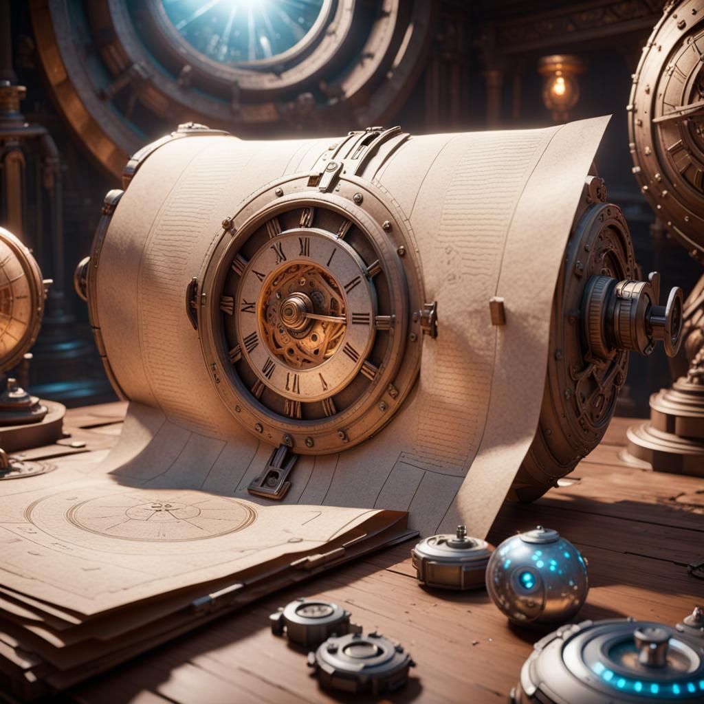 Detailed Time Travel Paper in 3D Cinematic Style