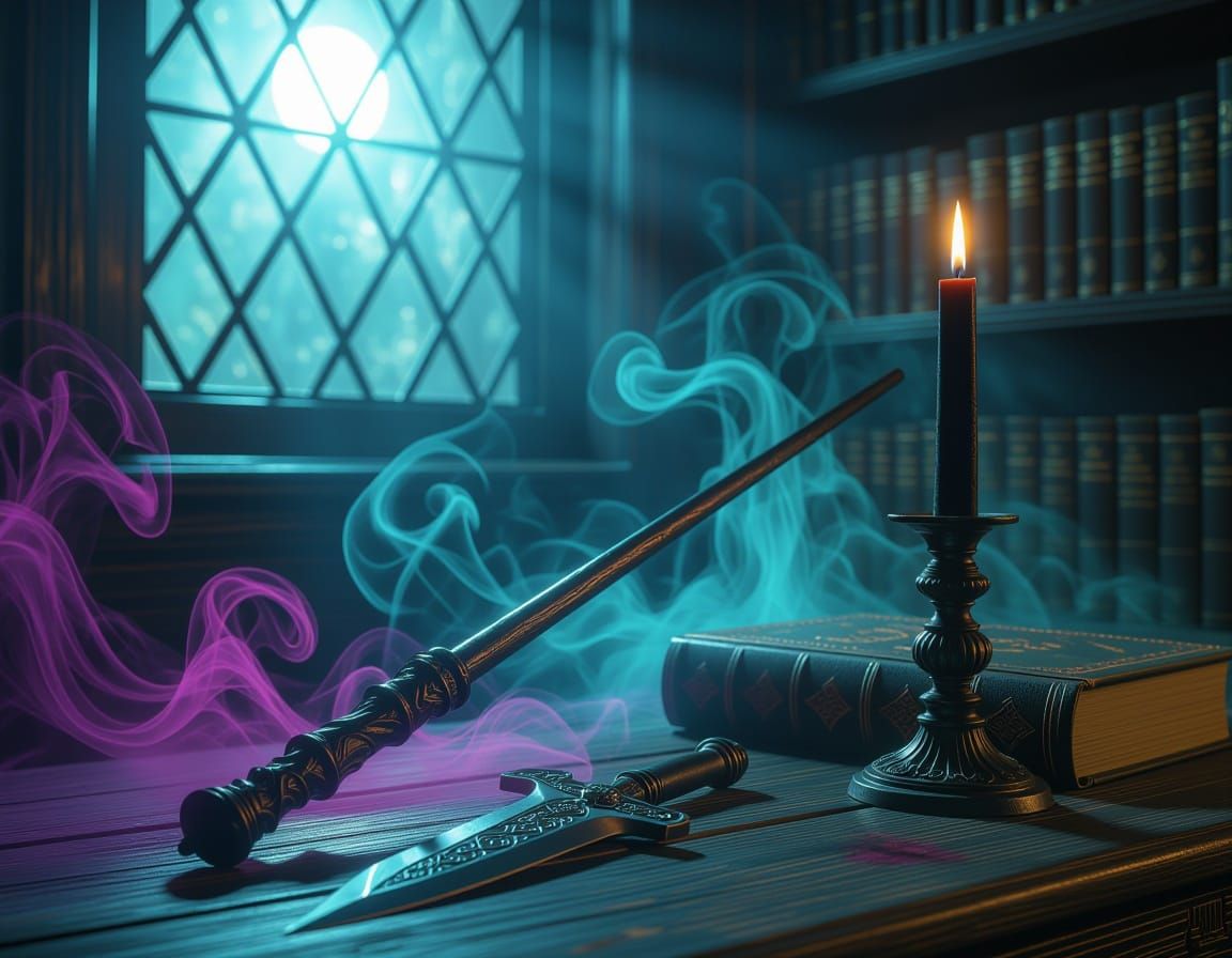 Witch's Altar: Aged Wand, Athame, and Mystical Moonlight