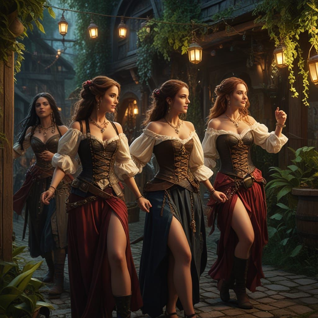 Beautiful Female Pirates Dance in Sunlit Garden