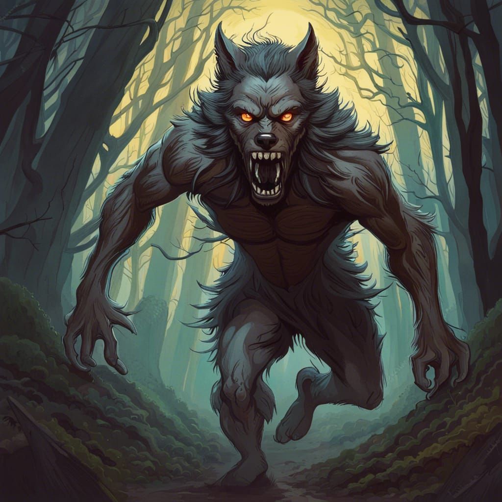 Werewolf in Forest: Cyberpunk Fantasy Art