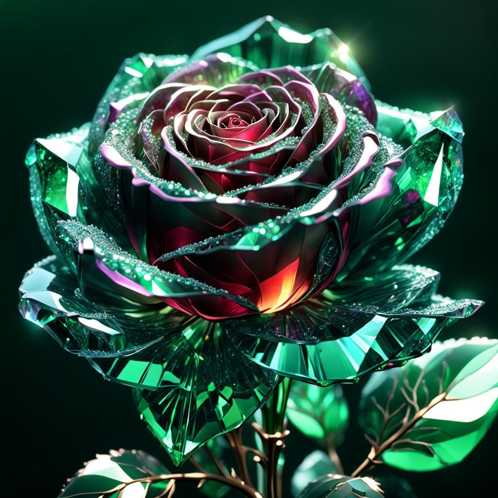 Emerald Crystal Rose Close-up in Detailed Digital Art
