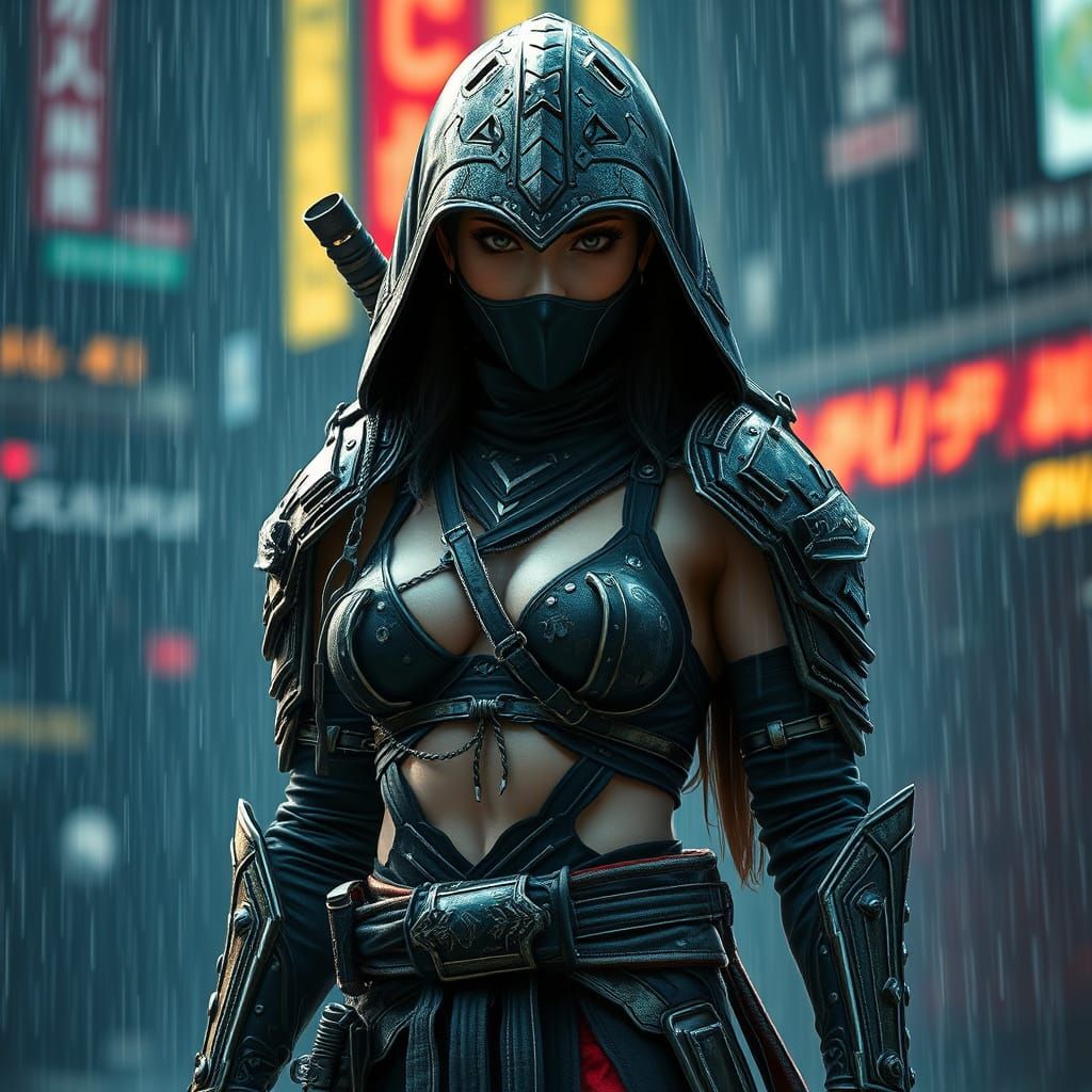 Futuristic Ninja in Rain, Hyperrealistic Film Noir