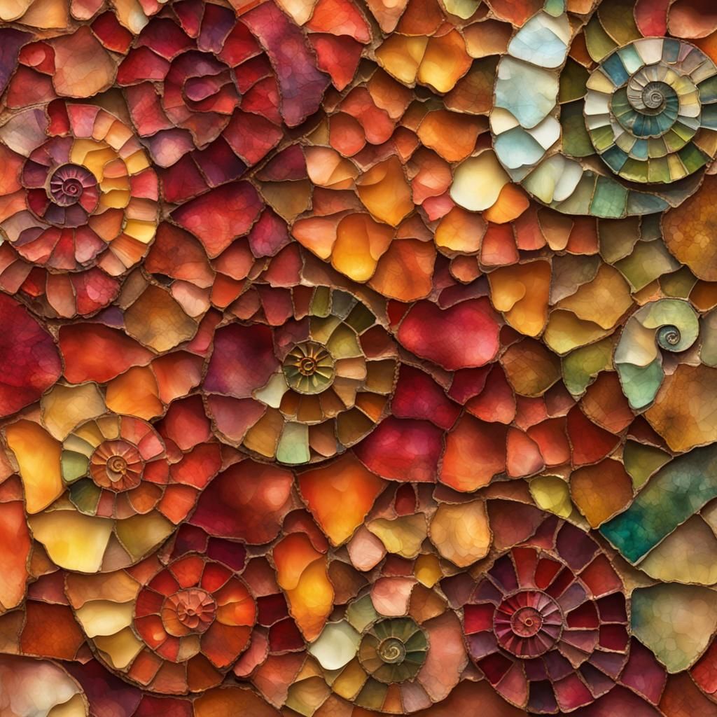 Junk Journal Background, 3d  Shapes Mosaic Alcohol Ink, Autumn Ammonite Color Palette, 3d Shading, Deep Depth of Field