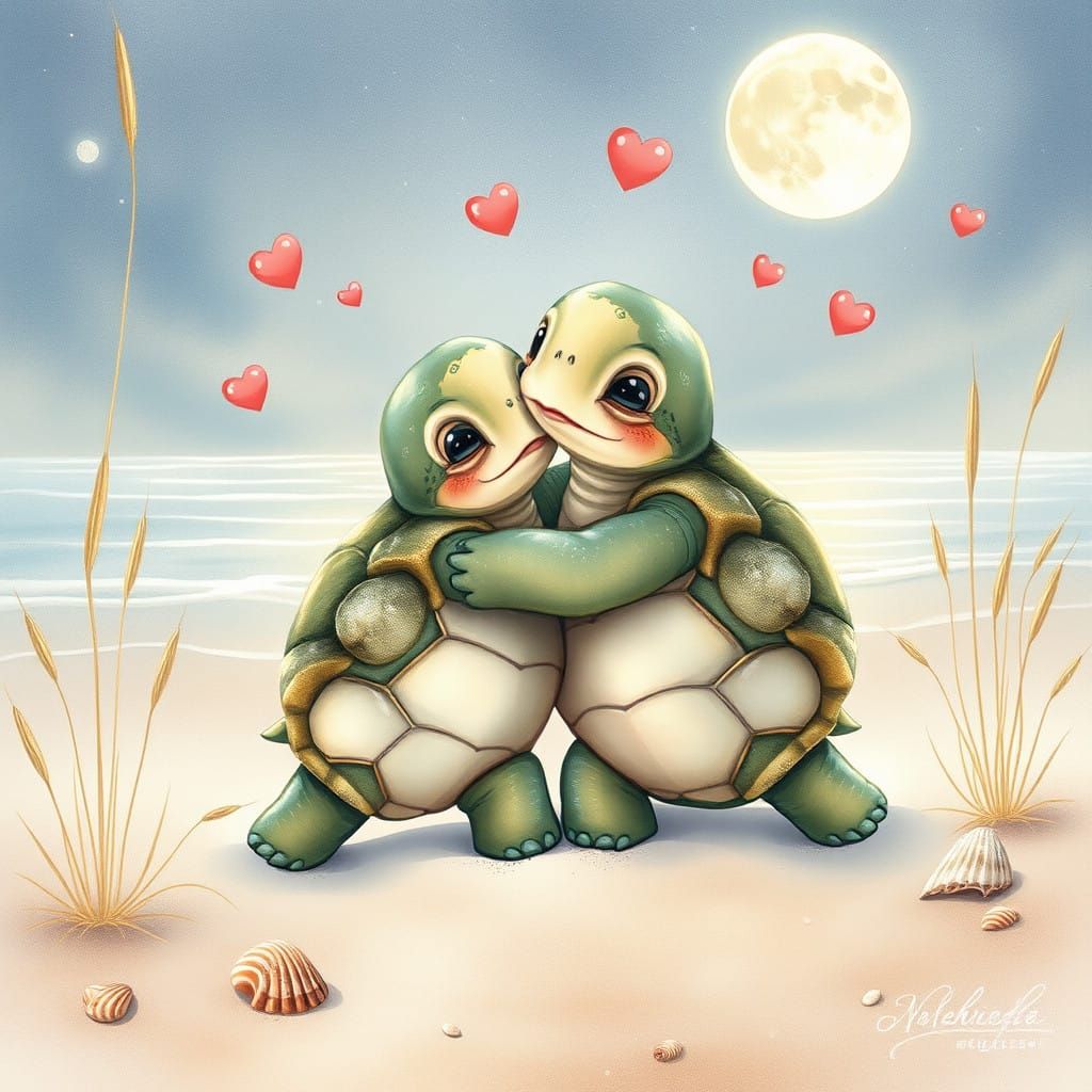 Adorable Turtles Hug Under Moonlit Beach in Whimsical Waterc...