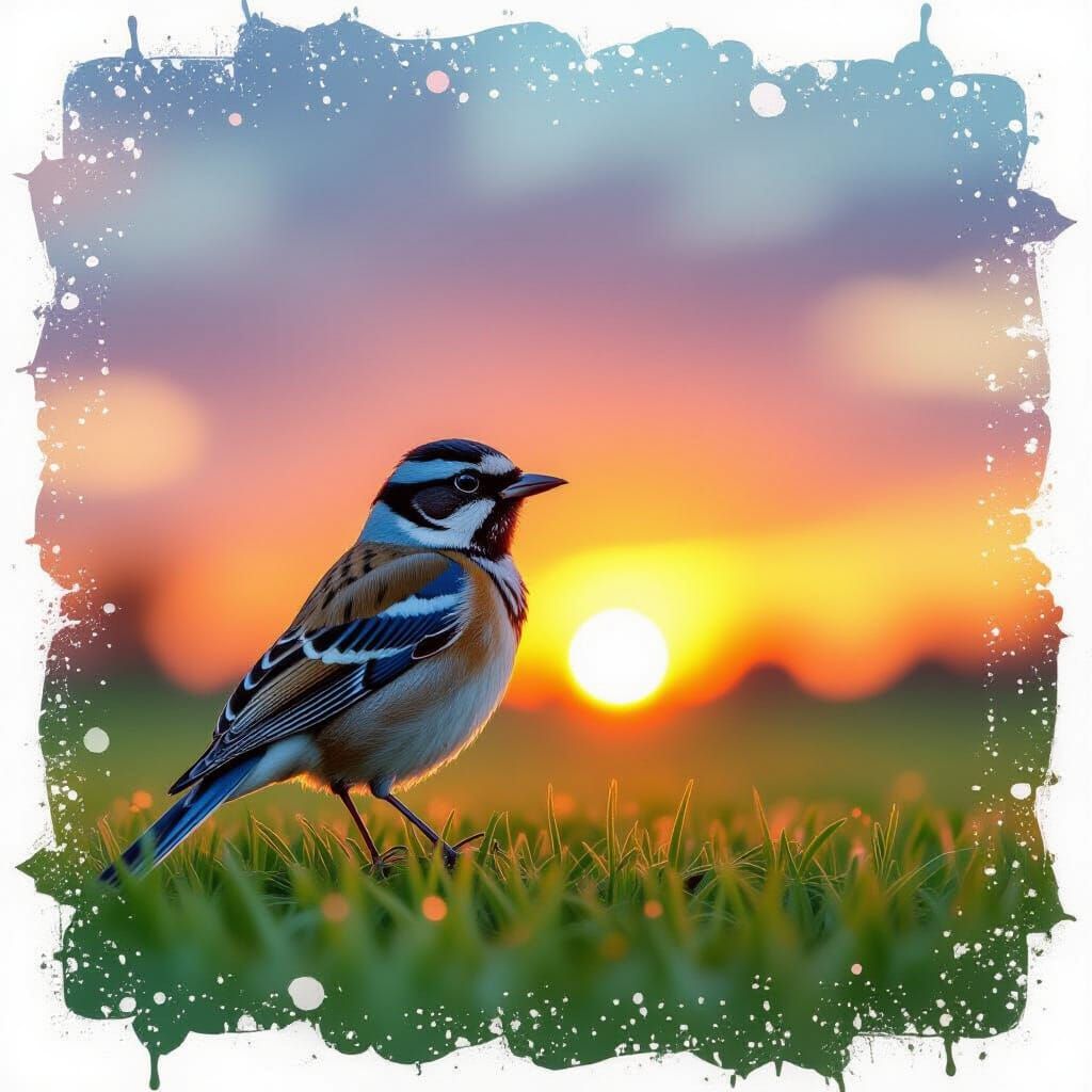 Vibrant Graffiti Bird on Green Lawn at Sunset