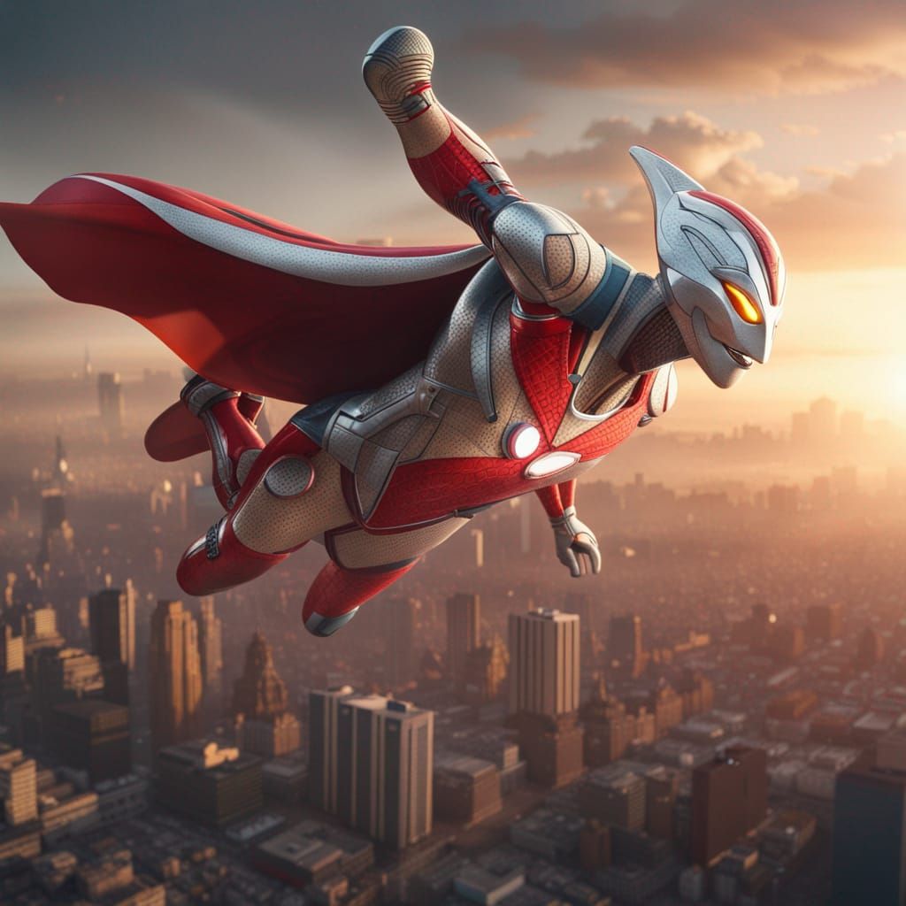 Ultraman Flies Over Mexico City Sunset