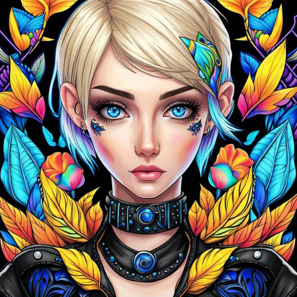 Anime Goth Girl Portrait in Neon Forest