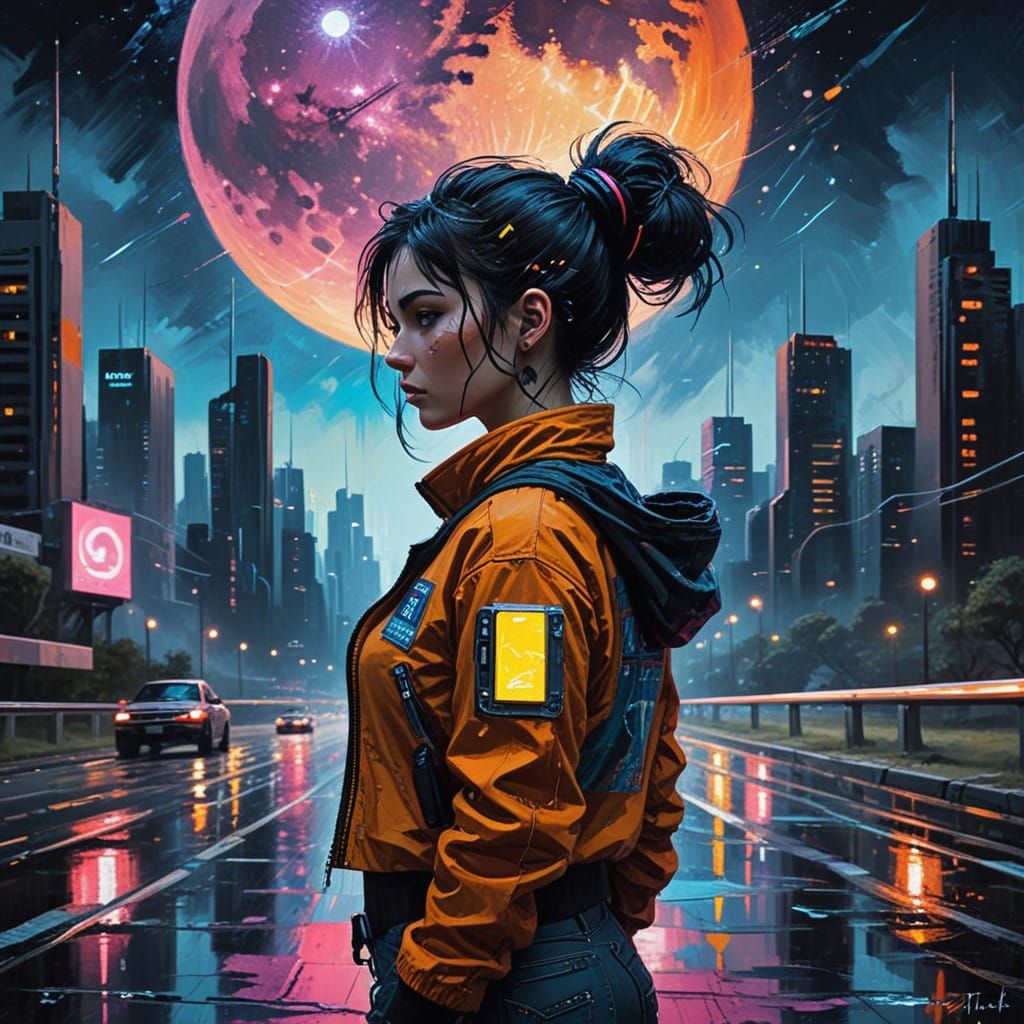Cyberpunk Goddess Radiates under Neon City Skies