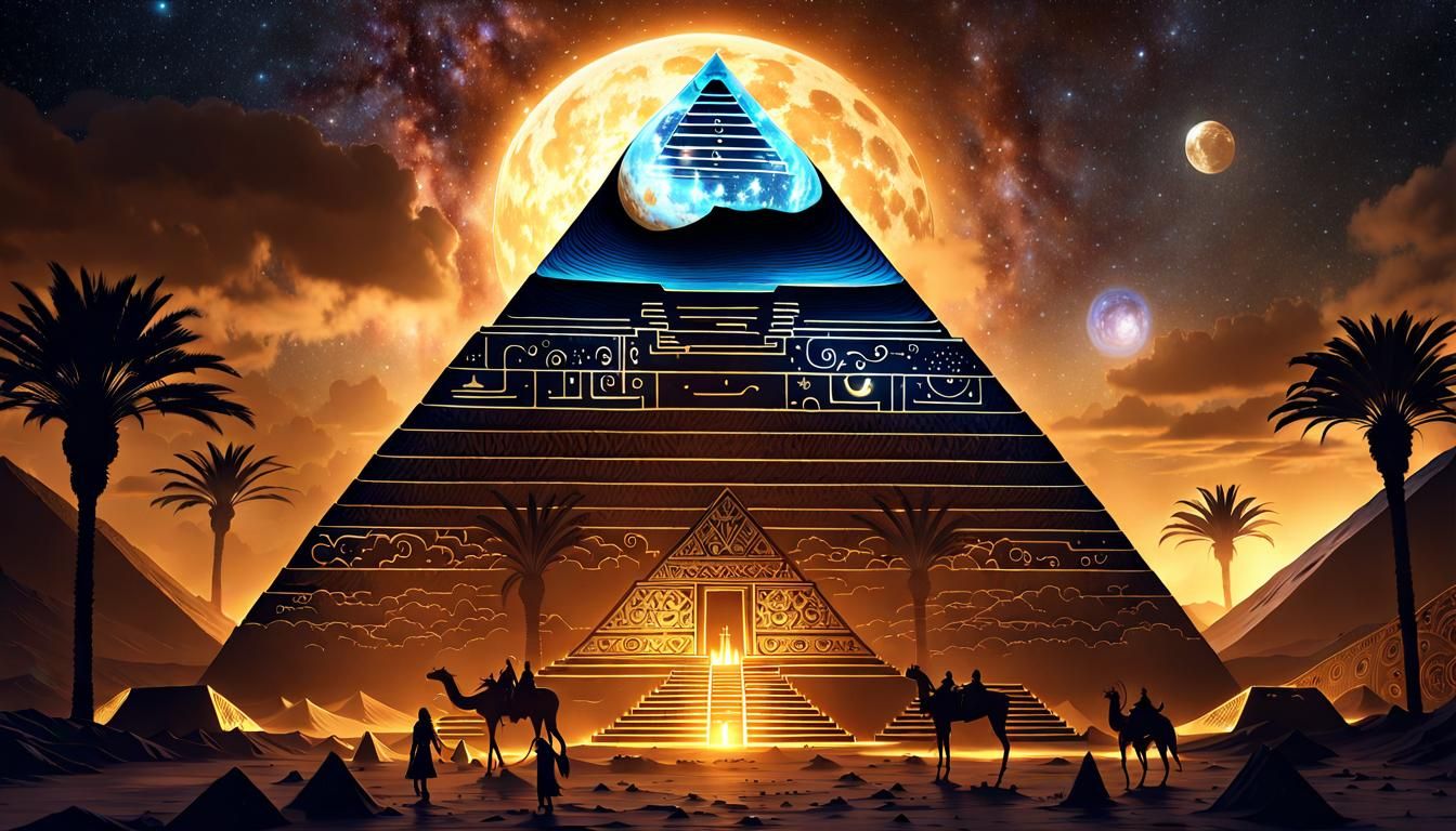 Egyptian Pyramid Under Starry Zodiac Sky: Dark Fantasy Art