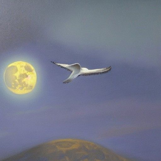 Bird Flying Around the Moon as Oil Painting