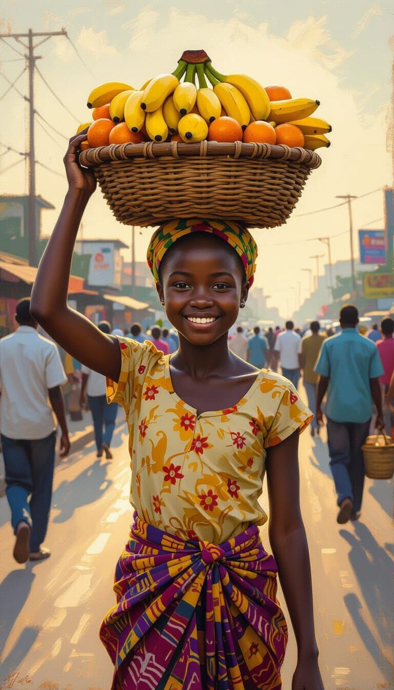 Nigerian Girl Sells Fruit in Lagos, Oil Painting Style