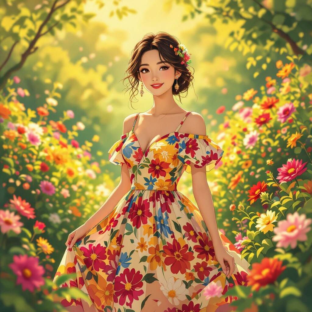 Woman in Floral Dress, Ghibli-esque Anime Style