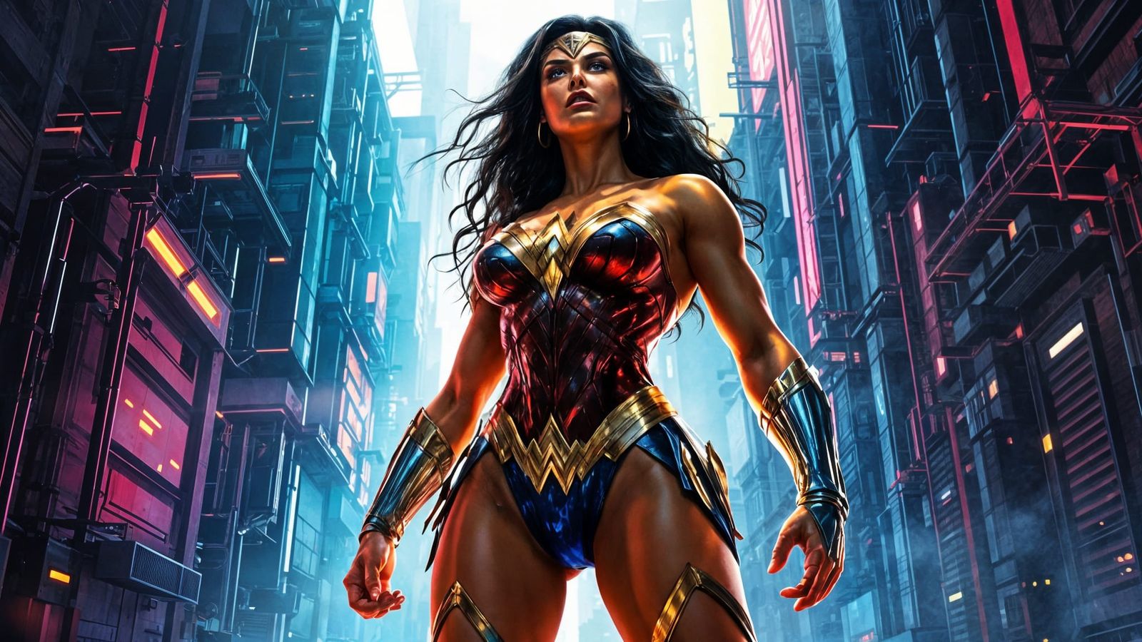 Cyberpunk Heroine in Industrial Neon Landscape