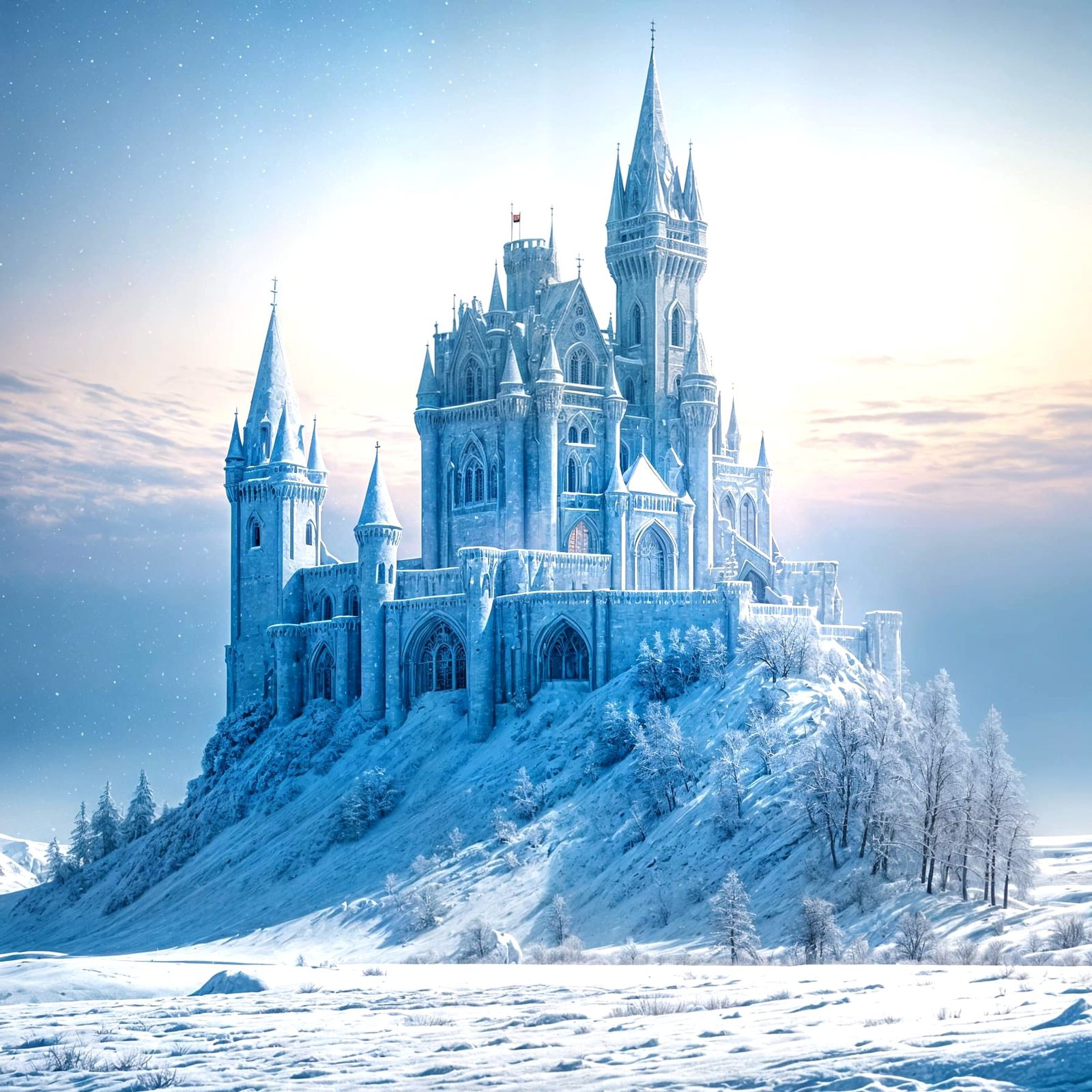 Snowbound Castle Keep in Winter: Dreamy, Ethereal Scene