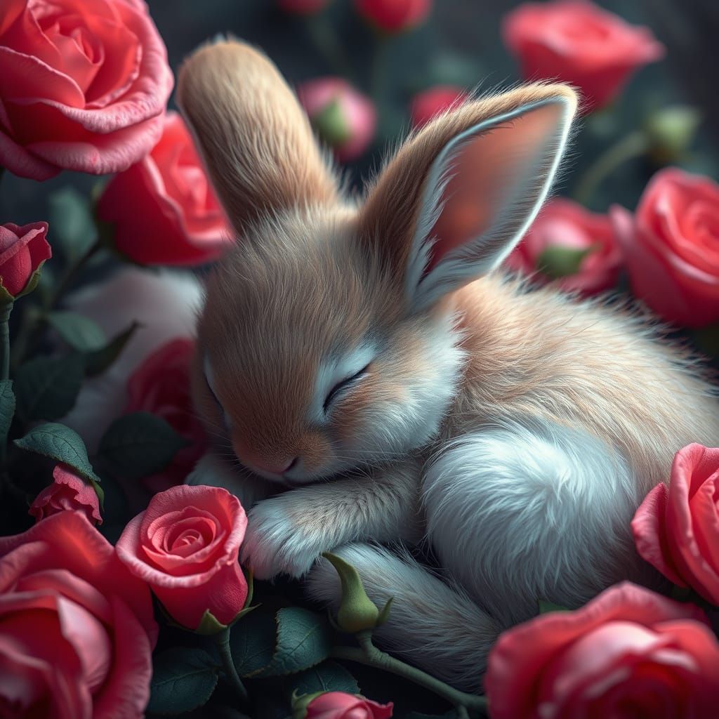 Fluffy bunny sleeping on red roses
