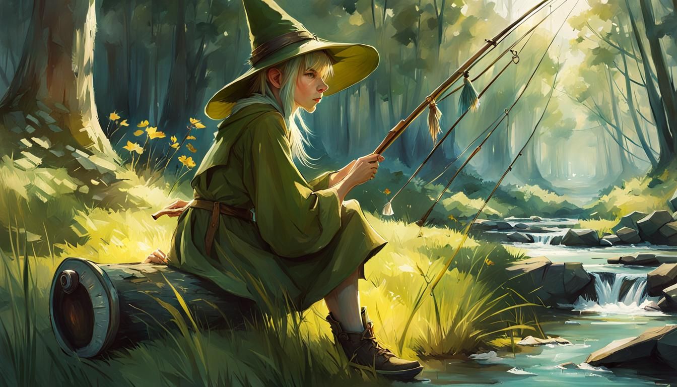 Snufkin Fishing: Detailed Digital Art
