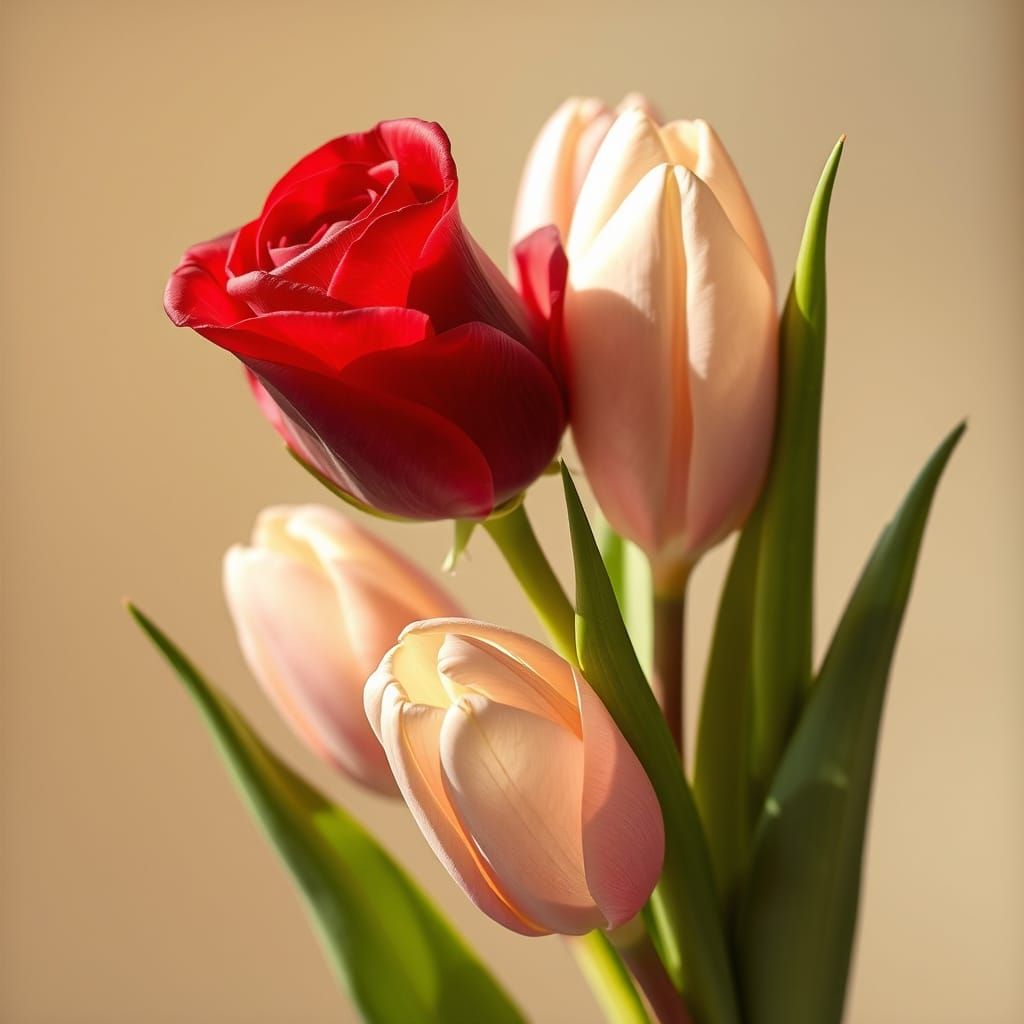 Velvety Red Rose and Pastel Tulips in Impressionist Style