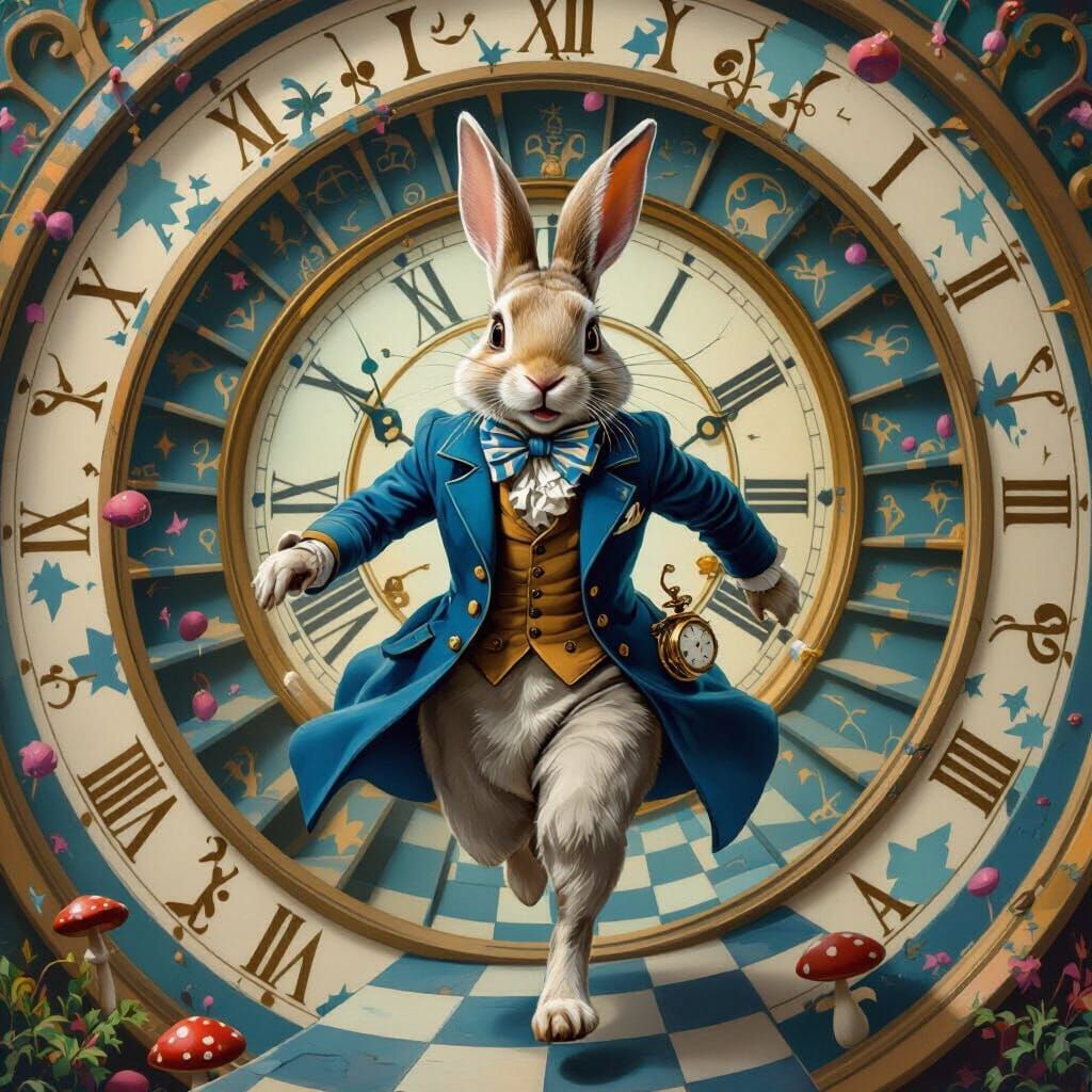 White Rabbit Running Down Spiral Staircase in Wonderland Sty...