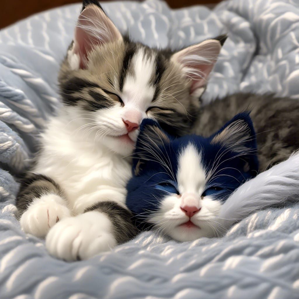 Sleeping Siberian Kitten and Russian Blue Cat