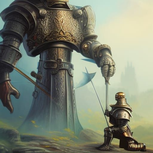 Futuristic Knight in Medieval Fantasy Town