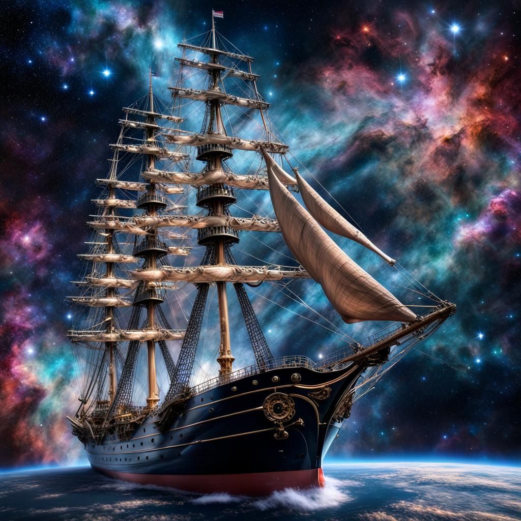 Tallship Navigating Nebula Stars in Space