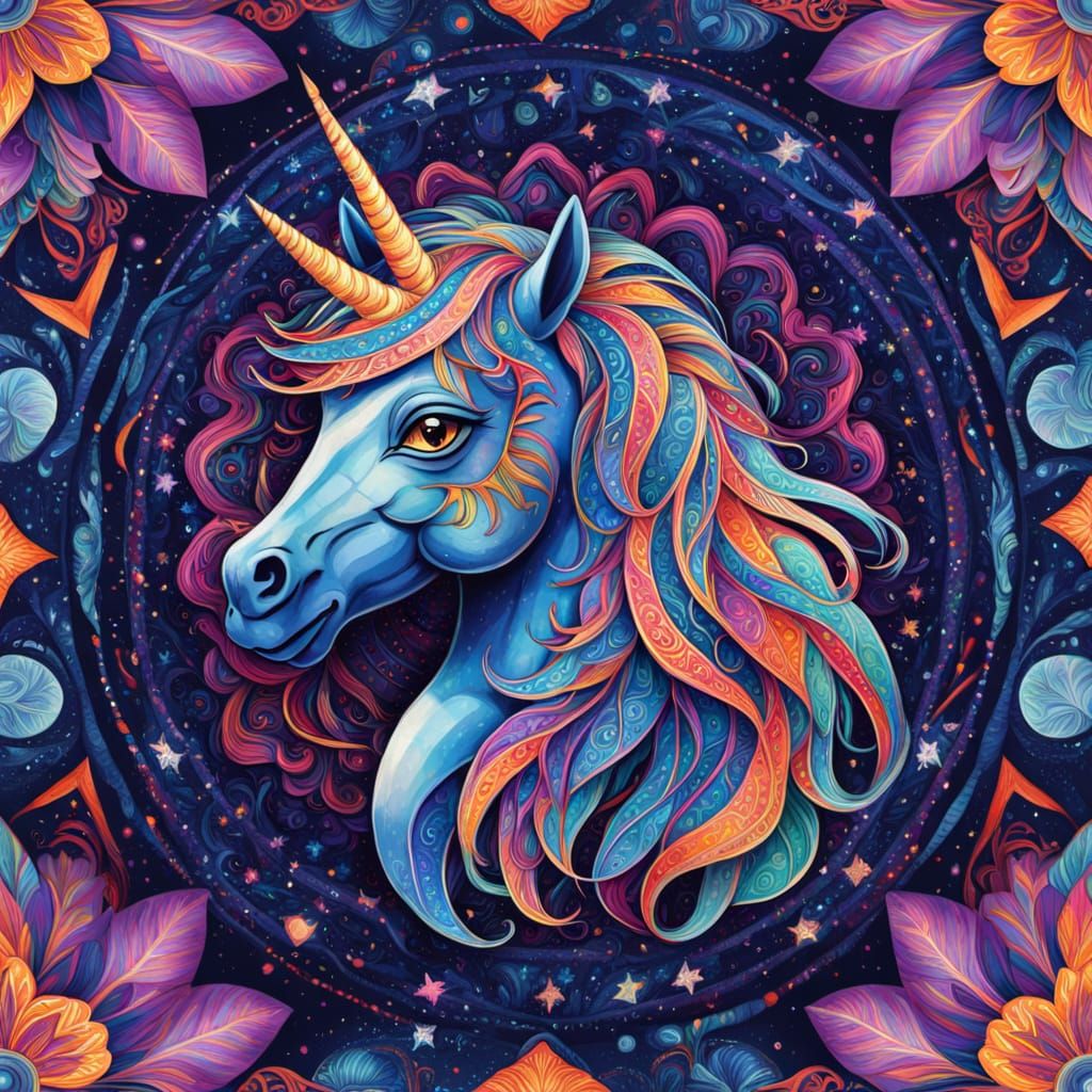 Celestial Unicorn Shines Amidst Stellar Mandalas