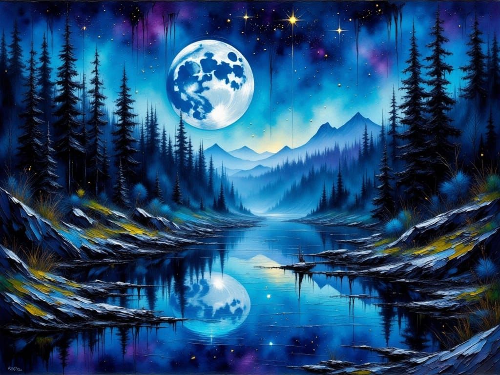 River Reflecting Blood Moon in Impasto Style