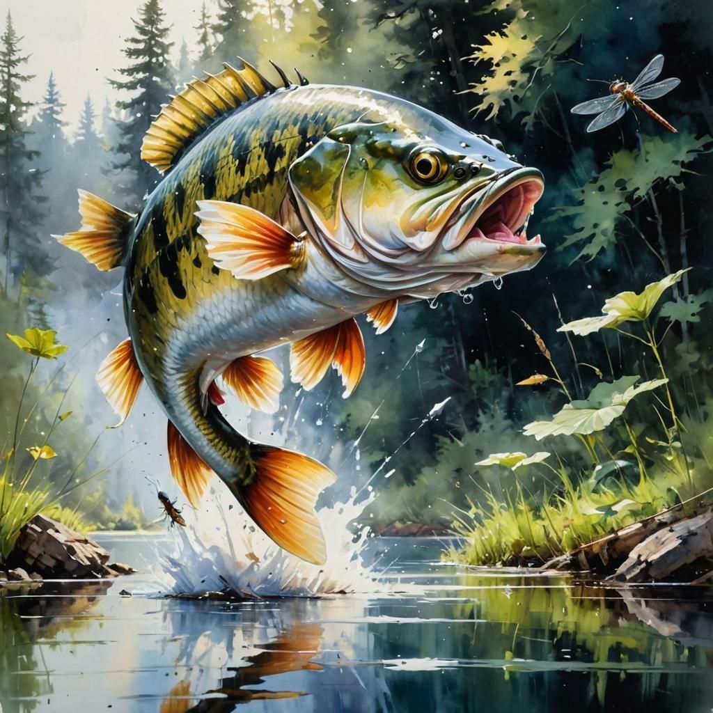 Bass Leaping for Dragonfly: Detailed Watercolor Painting