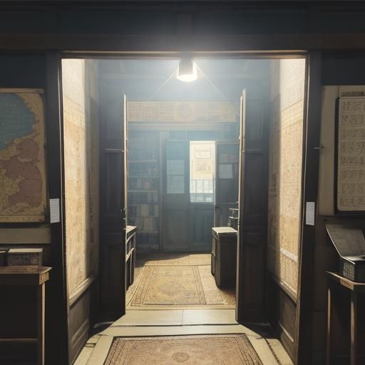 A medium-sized tapestry of a closed door and a map in a mark...