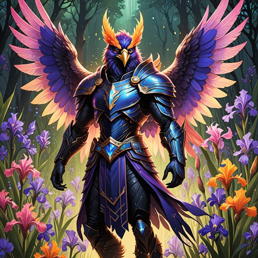 all vibrant swishy fluorescent gladiolus and iris sparkle wings on anthropomorphic humanoid fluorescent gladiolus and ir...