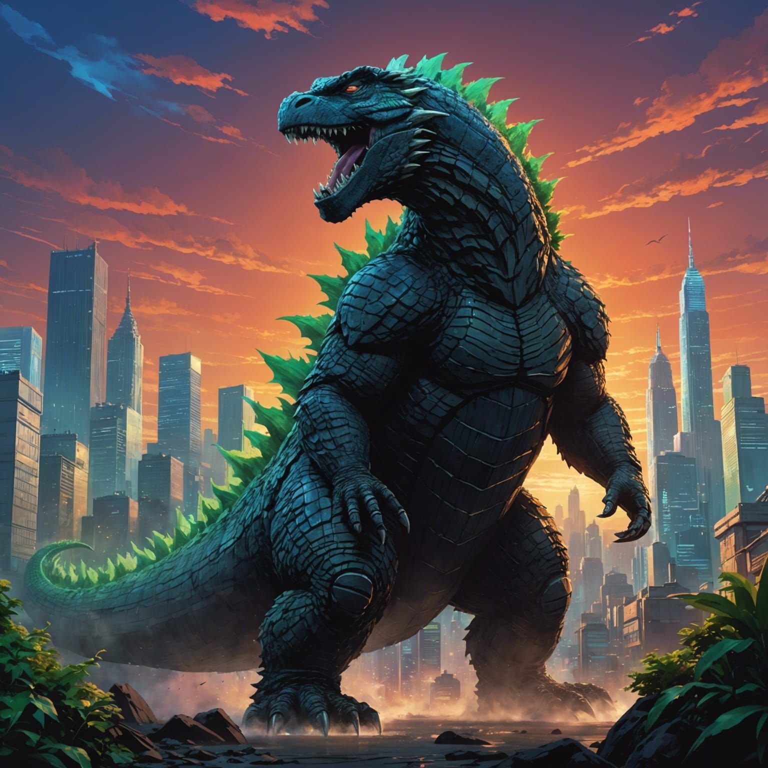 Godzilla in Studio Ghibli Anime Style