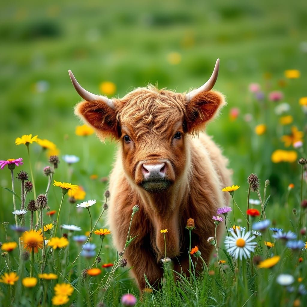Fluffy Baby Highland Cow in Wildflower Meadow