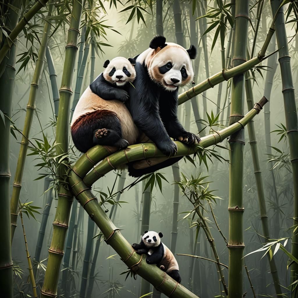 Panda Mother and Cub in Bamboo Tree