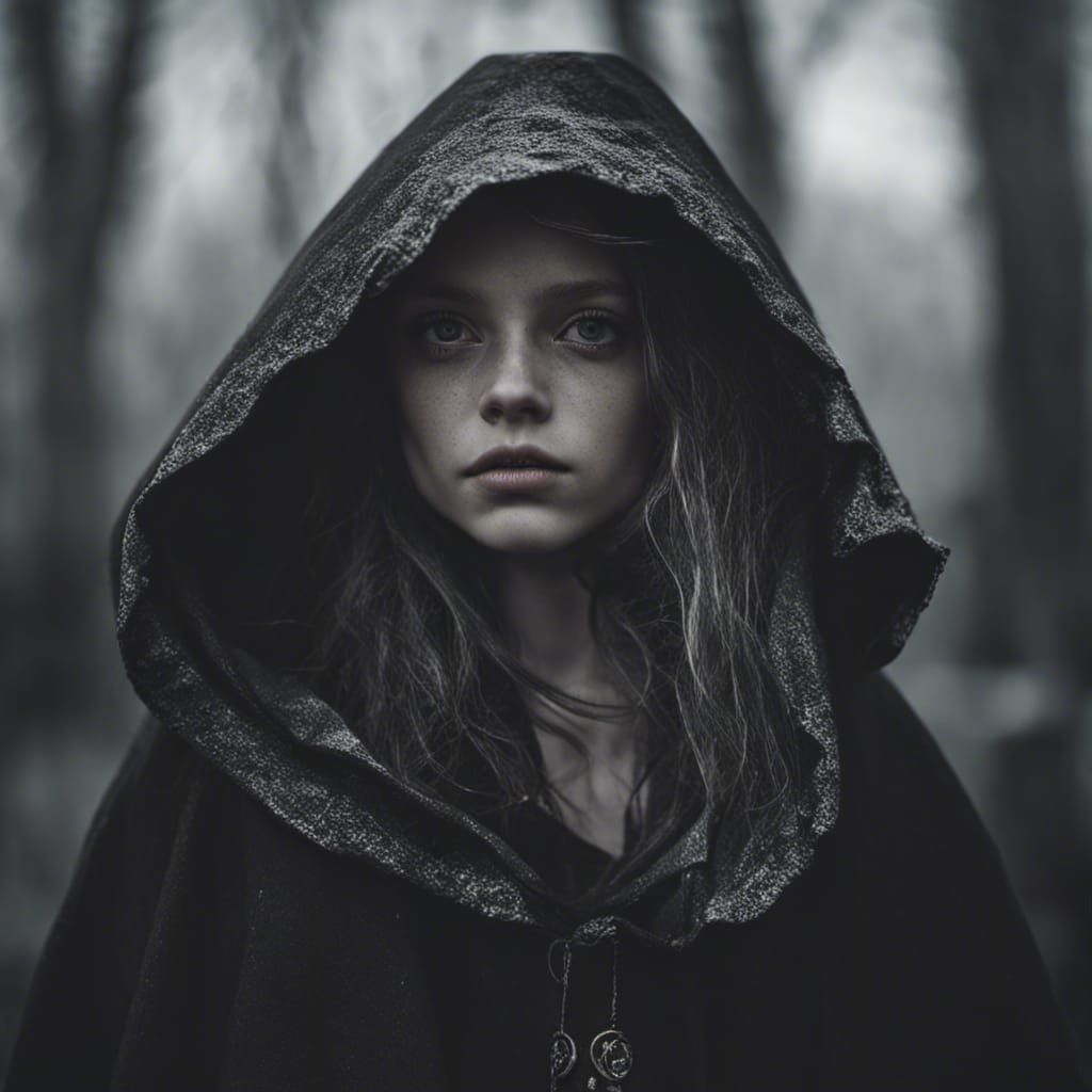 Urban Witch Portrait in Misty Neighborhood