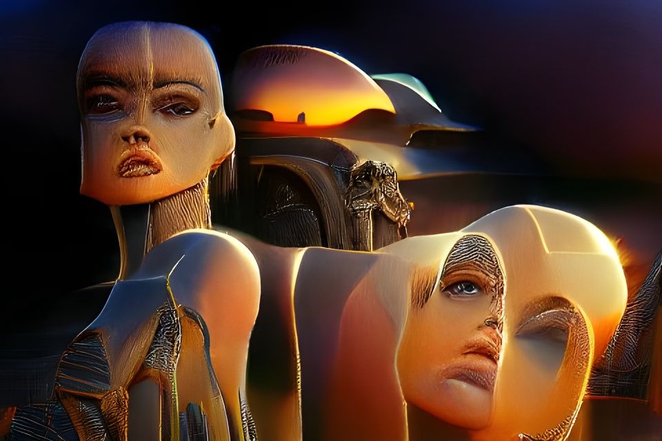 Iridescent Biomechanical Humanoid in Post-Apocalyptic Desert