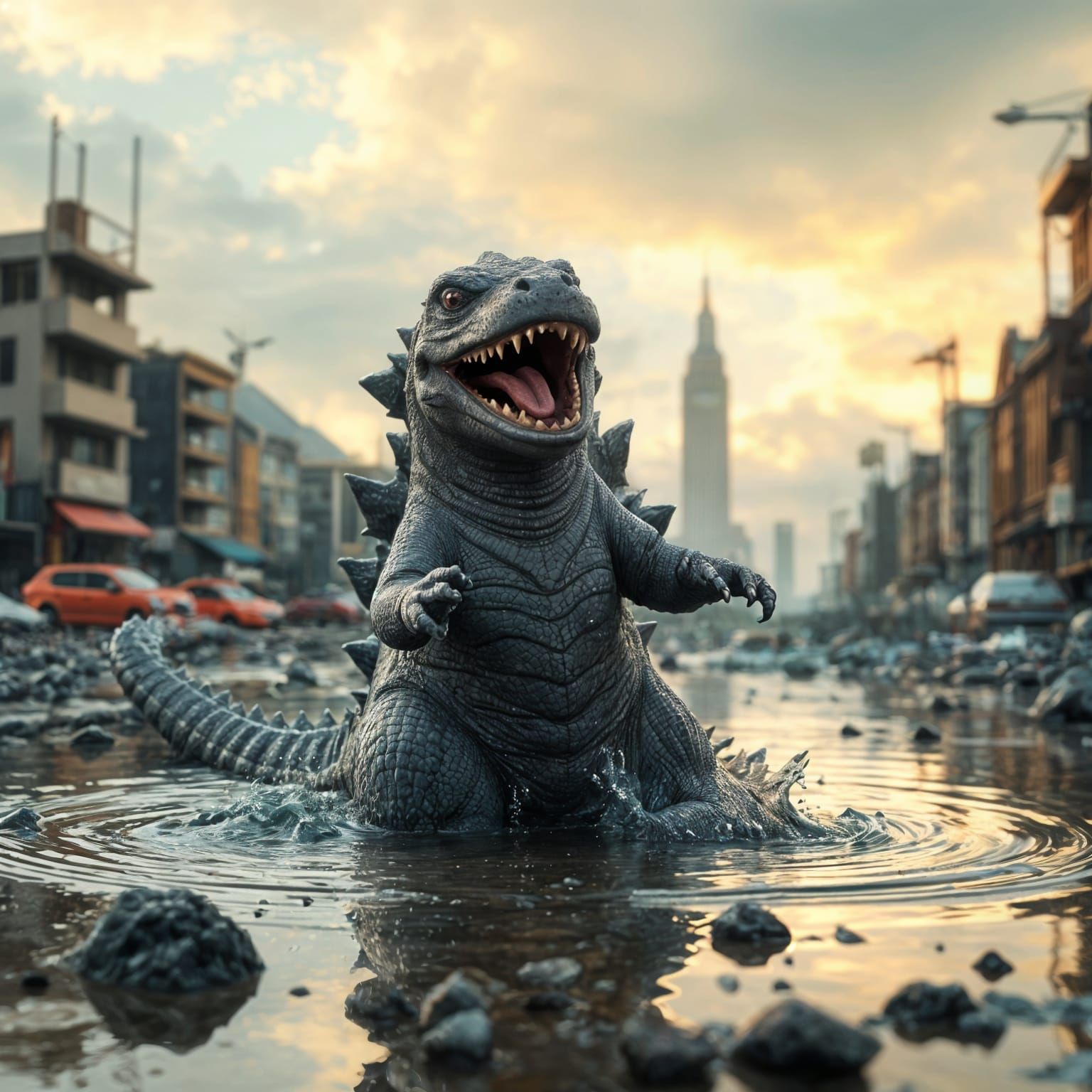 Cute Godzilla Toddler Splashing in Puddle