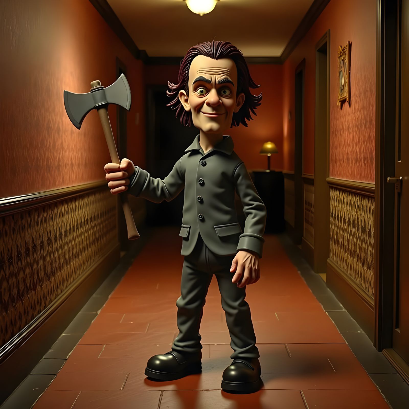 Claymation Jack Torrance Poses with Axe in Hotel Hallway