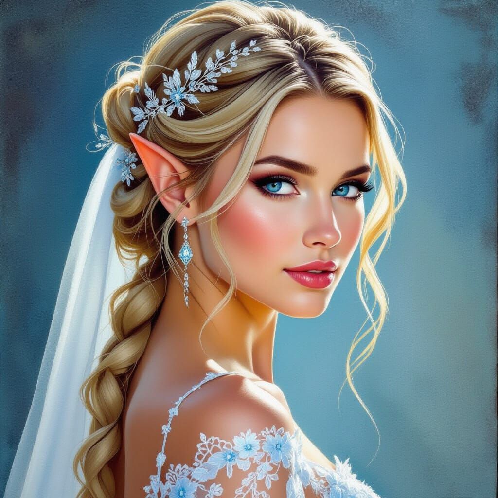 Elf Bride in Blue Bridal Bun, Detailed Fantasy Oil Painting