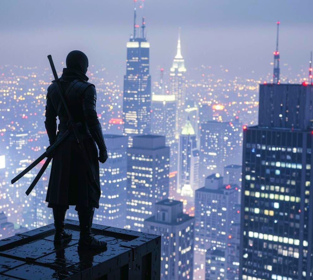 Modern Ninja Sentinel Overlooking Cityscape at Night