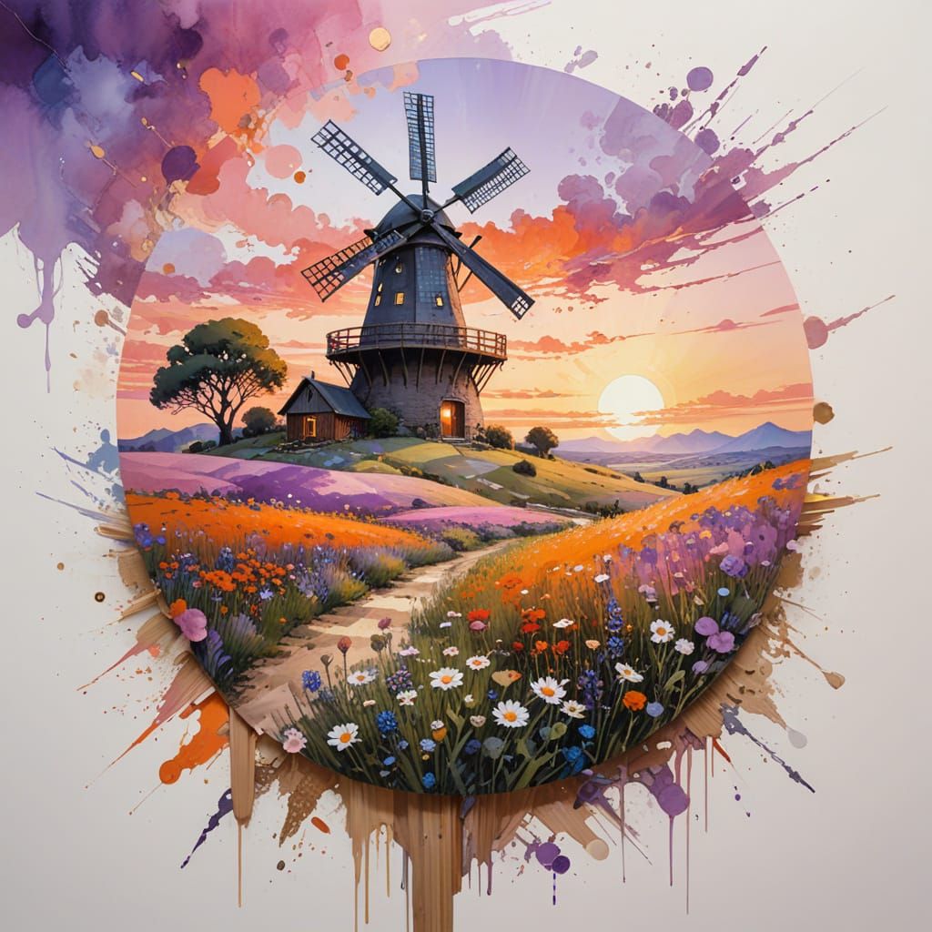 Wild Plains Sunset with Windmill and Mountains