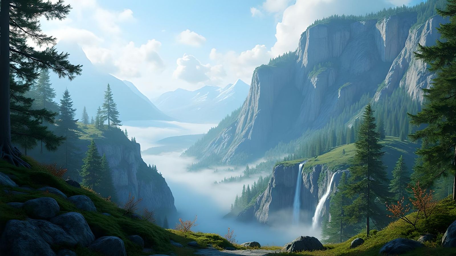 Mountain Forest Waterfall in Detailed Fantasy Art